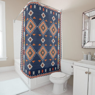 Azure Navy and Terracotta Geometric Tribal Shower Curtain