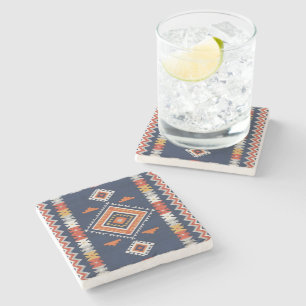 Azure Navy and Terracotta Geometric Tribal Stone Coaster