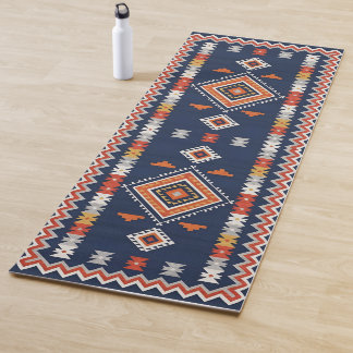 Azure Navy and Terracotta Geometric Tribal Yoga Mat