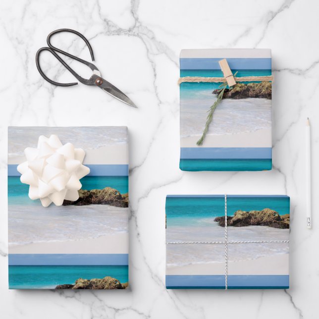 Azure Ocean Sandy Beach Photo Pattern Wrapping Paper Sheet (Front)