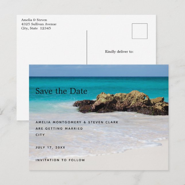Azure Ocean Sandy Beach Photo Wedding Announcement Postcard (Front/Back)
