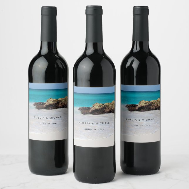 Azure Ocean Sandy Beach Photo Wedding Wine Label (Bottles)