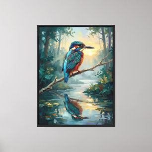 Azure Reverie — Kingfisher Bird in Nature Oil Pain Canvas Print