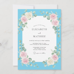 Azure Rose Blush Wreath Wedding Invitation