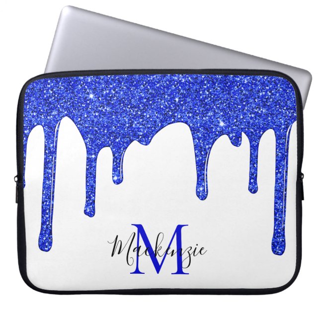 Azure Royal Blue Sparkle Glitter Drips Monogram Laptop Sleeve (Front)