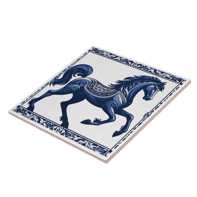Azure Sapphire Steed: Floral Design Ceramic Tile (Side)