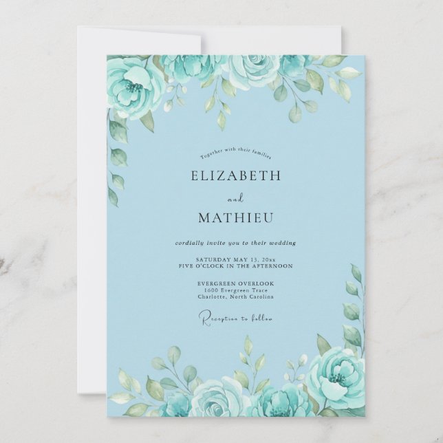 Azure Seafoam Petal Wedding Invitation (Front)