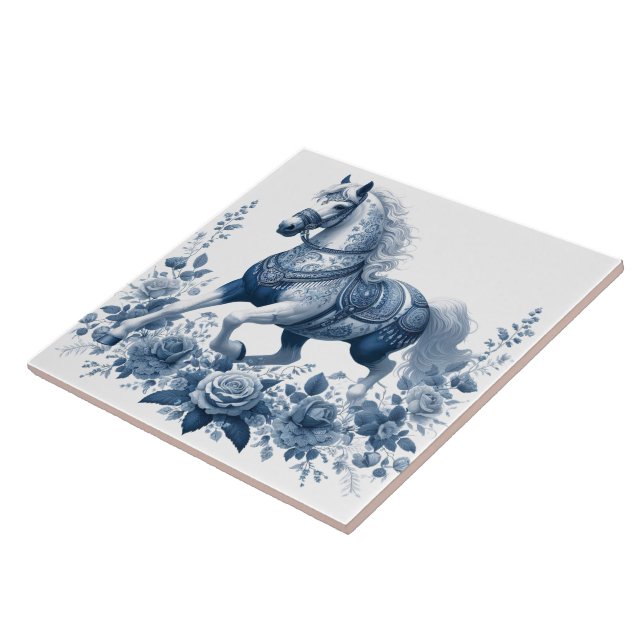 Azure Steed: Floral Grace Ceramic Tile (Side)