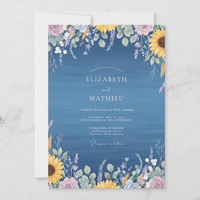 Azure Sunflower Rustic Eucalyptus Wedding Invitation (Front)