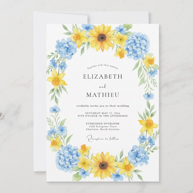 Azure Sunflower Wreath Wedding Invitation (Front)