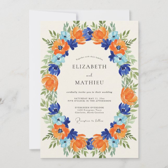 Azure Tangerine Ranunculus Eucalyptus Wedding Invitation (Front)