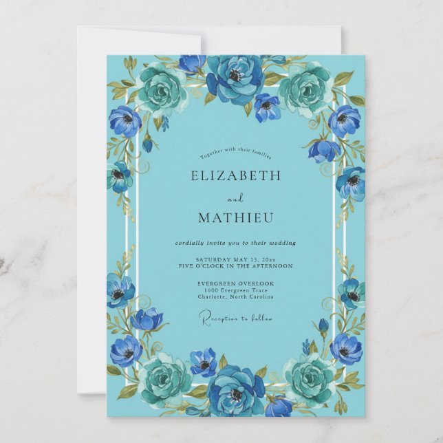 Azure Teal Bloom Wedding Invitation (Front)