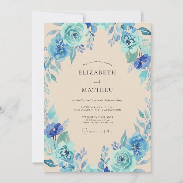 Azure Teal Petal Wedding Invitation (Front)