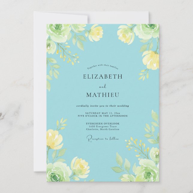 Azure Yellow Ranunculus Muted Eucalyptus Wedding Invitation (Front)
