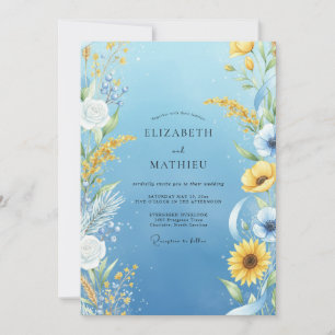 Azure Yellow Sunflower Soft Eucalyptus Wedding Invitation