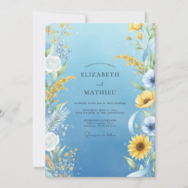 Azure Yellow Sunflower Soft Eucalyptus Wedding Invitation (Front)
