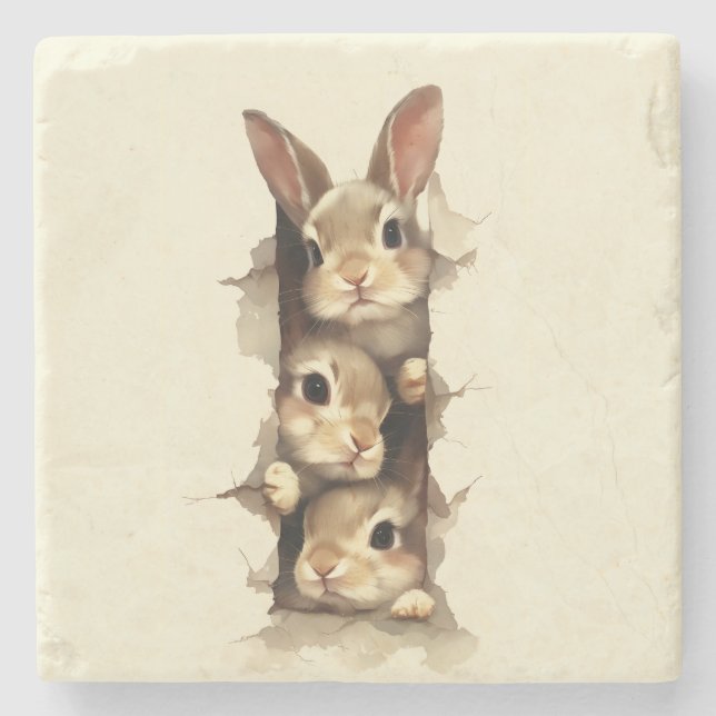 B3 Three Bunnies 3D Illusion  Stone Coaster (Front)