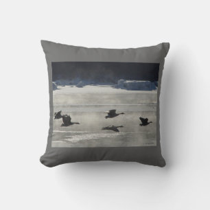 B47 Canadian Geese Over Frozen River Cushion