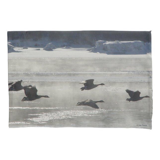 B47 Canadian Geese Over Frozen River Pillowcase (Front)