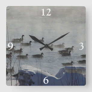B49 Canadian Geese on Misty River Square Wall Clock