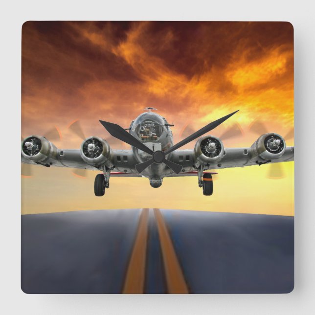 B-17 FLYING FORTRESS TAKEOFF SQUARE WALL CLOCK (Front)