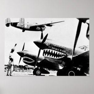 B-24 Liberator Flying Past P-40 Fighter Planes Poster
