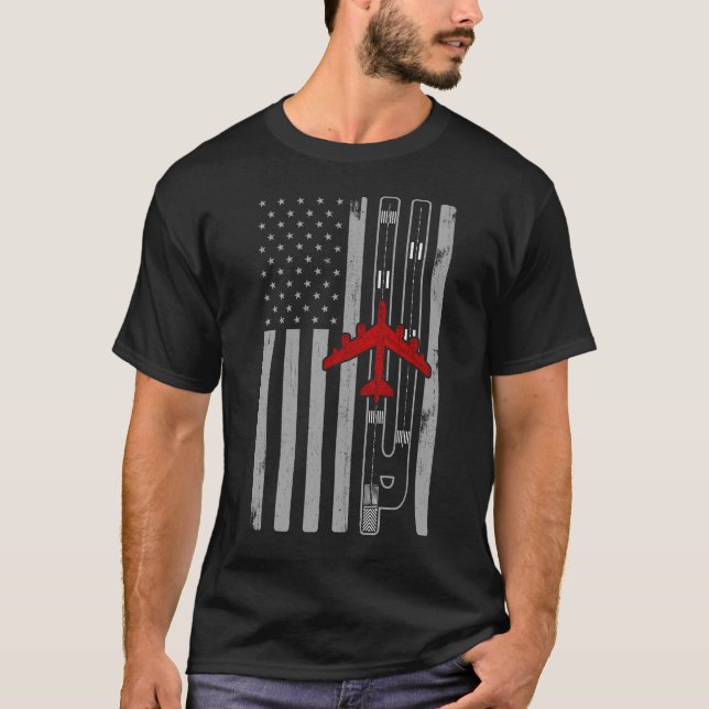 B-52 Stratofortress Bomber American Flag Runway T-Shirt (Front)