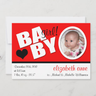 B A B Y Trendy Red Photo Birth Announcement