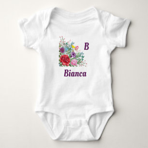 B Bianca Personalise Letter Name, Rose Flowers Baby Bodysuit