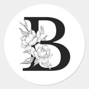 B botanical monogram. Letter initial with peonies Classic Round Sticker