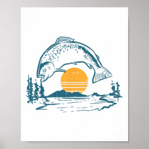 B Fish Sunset Moon Vintage Fishing Fisherman Angle Poster