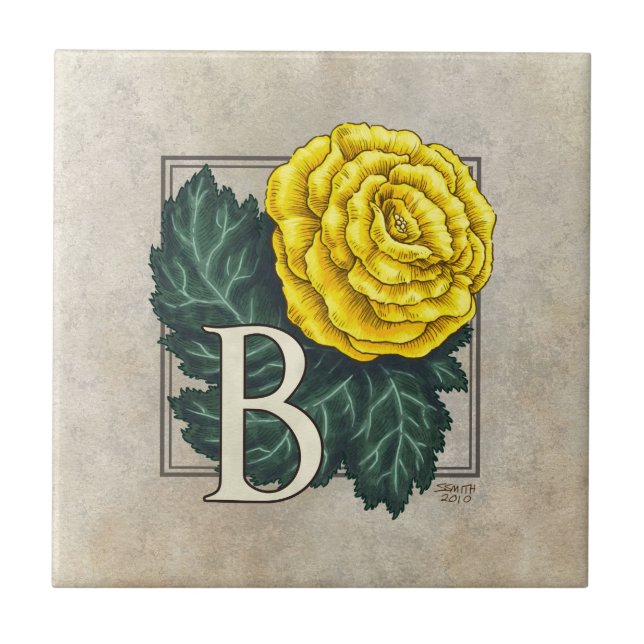 "B for Begonia" Flower Monogram  Ceramic Tile (Front)