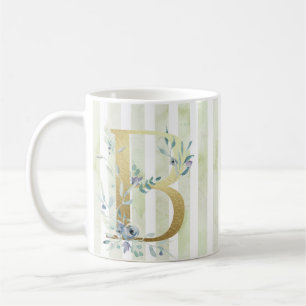 B gold initial on blue and white stripes coffee mug