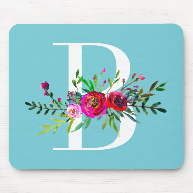 B Letter Initial Monogram Floral Custom Colour Mouse Pad (Front)