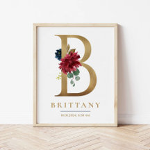 B Letter Monogram Name Marsala Floral Nursery