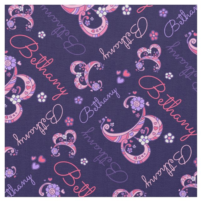 B monogram and personalised name Bethany fabric (Close Up)