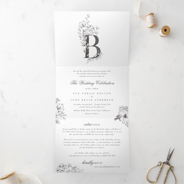 'B' Monogram Beautiful Sketched Floral Wedding Tri-Fold Invitation (Inside)