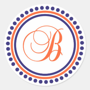 B Monogram (Blue / Orange Dot Circle) Classic Round Sticker