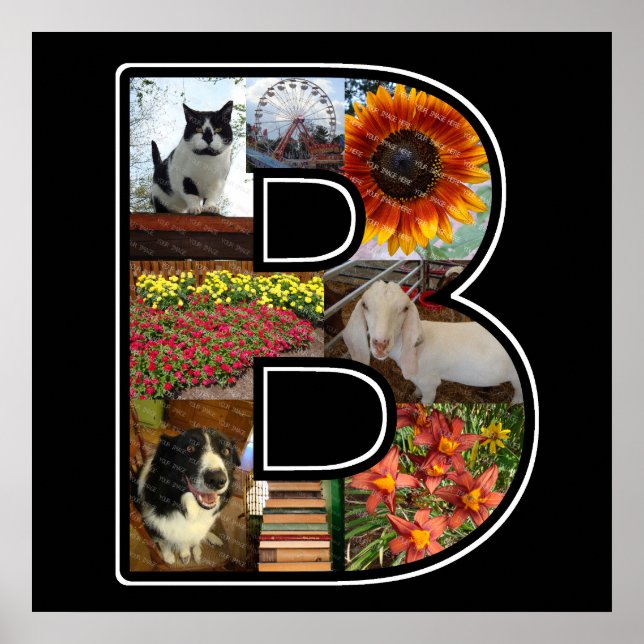 B Monogram Create Your Own 8 Photo Collage Black Poster (Front)