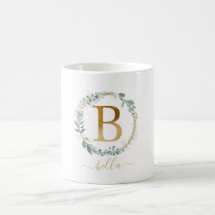 B  monogram, customer specific leafy wreath  coffee mug