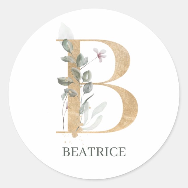 B Monogram Floral Personalised Classic Round Stick Sticker (Front)