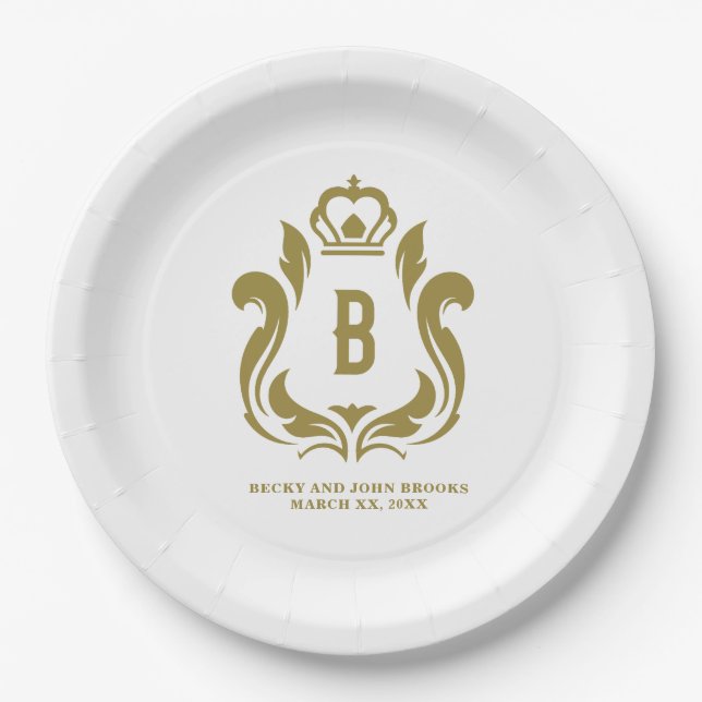 B Monogram Gold Crest Monogrammed Paper Plate (Front)