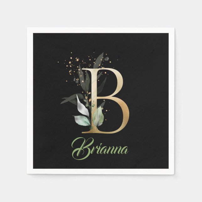 B monogram greenery eucalyptus gold glitter black napkin (Front)
