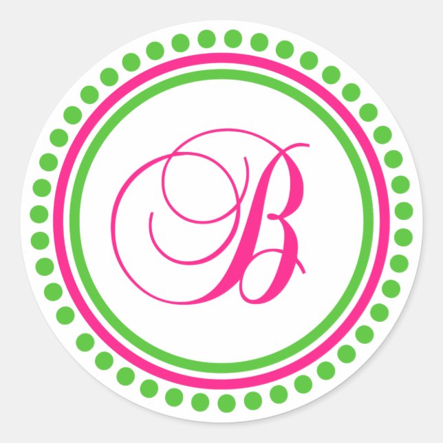 B Monogram (Hot Pink / Green Dot Circle) Classic Round Sticker (Front)