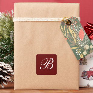 B Monogram Initial White on Maroon Square Sticker