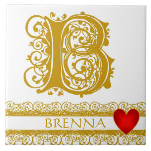 B Monogram Name Gold Lace Red Heart Template Tile
