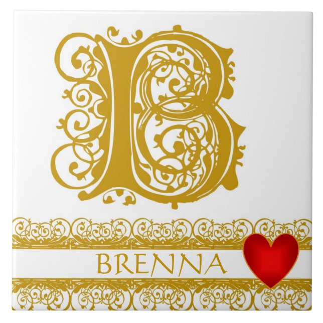 B Monogram Name Gold Lace Red Heart Template Tile (Front)