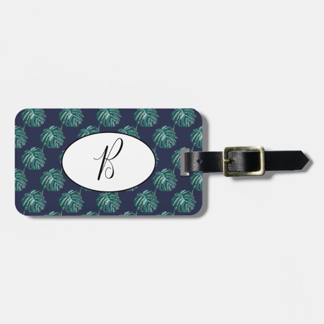 B Monogram Palm Print Turquoise Luggage Tag (Front Horizontal)