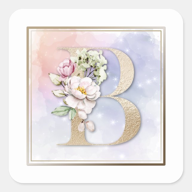 B Monogram Pink Floral Square Sticker (Front)