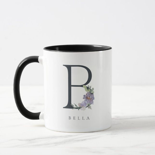 B Monogram Watercolor Purple Floral Mug (Left)